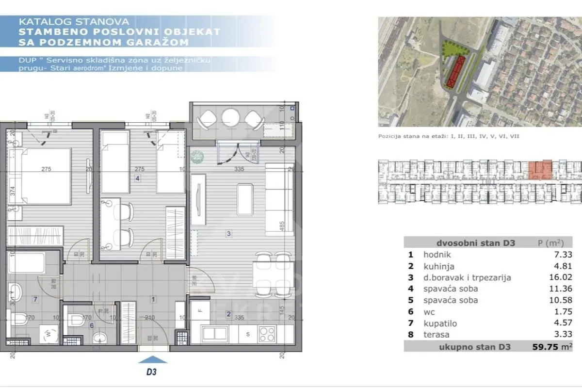 Arhitektonski plan dvosobnog stana sa rasporedom prostorija i kvadraturom.
