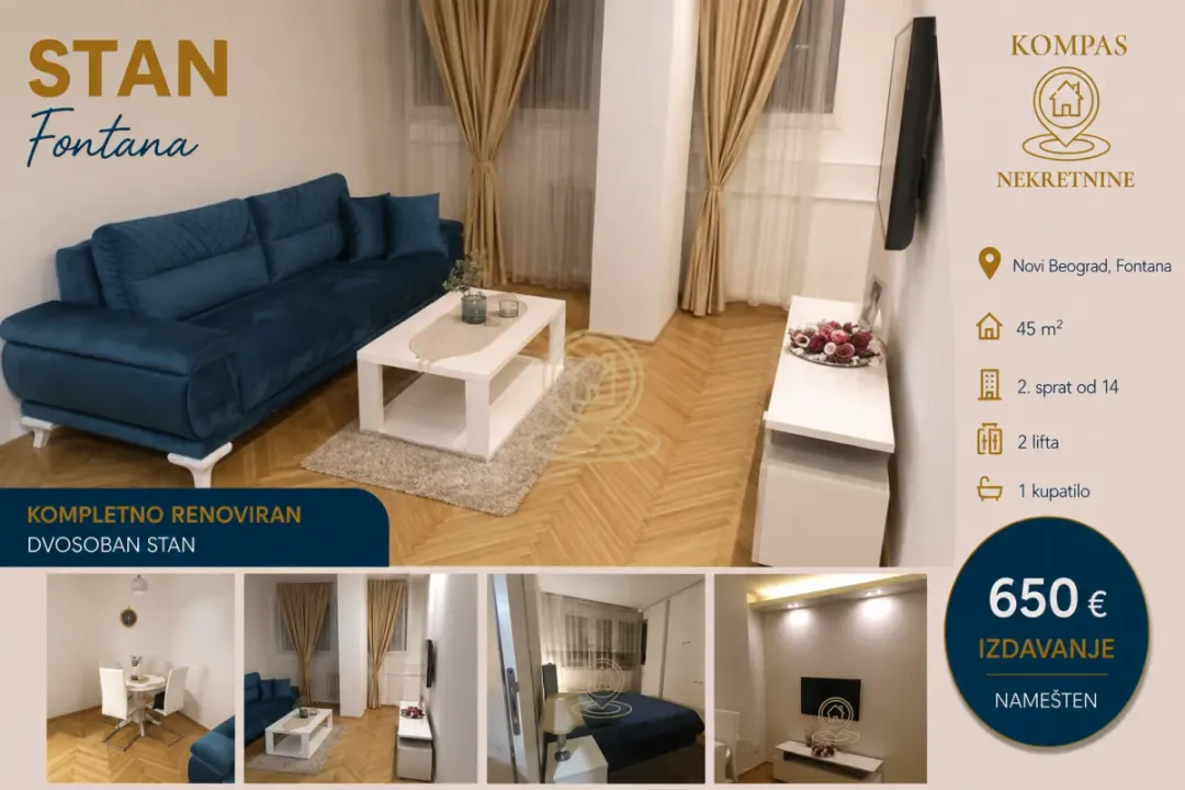 Rent, two bedroom apartment, 45m², Novi Beograd Sve Podlokacije, Beograd