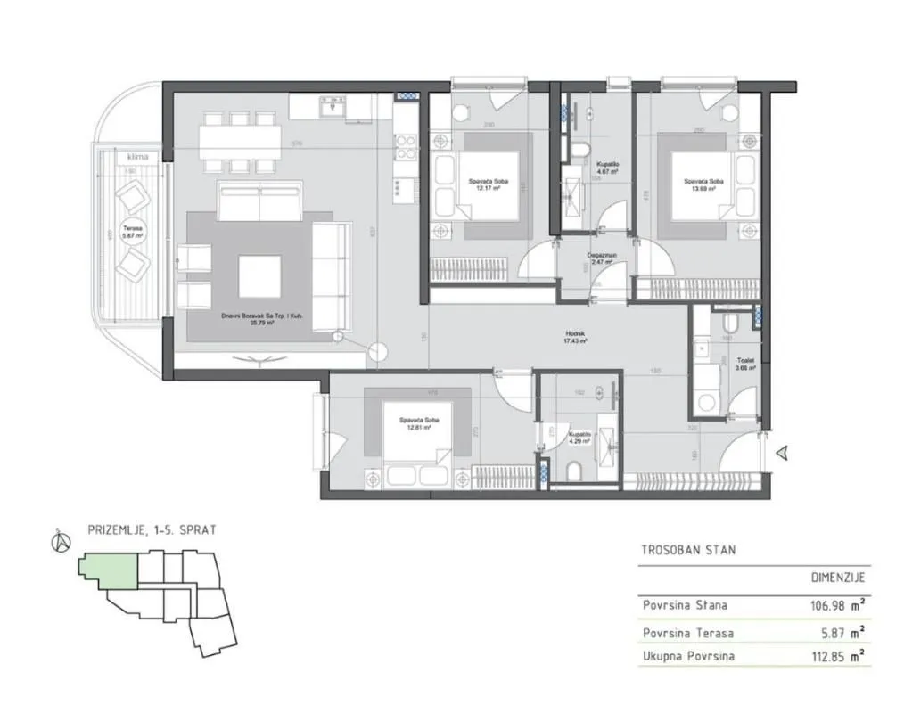 Sale, three bedroom apartment, 113m², Bar, Crna Gora