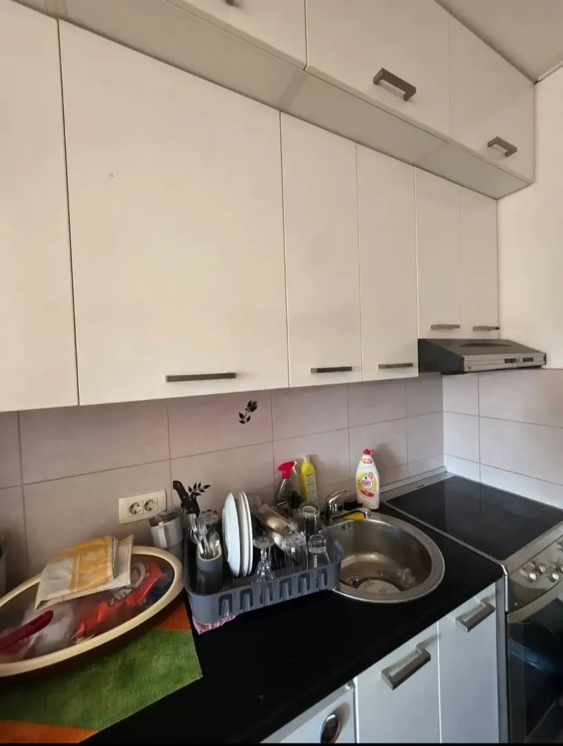 Manja kuhinja sa bijelim elementima, sudoperom i ugradnom pločom.