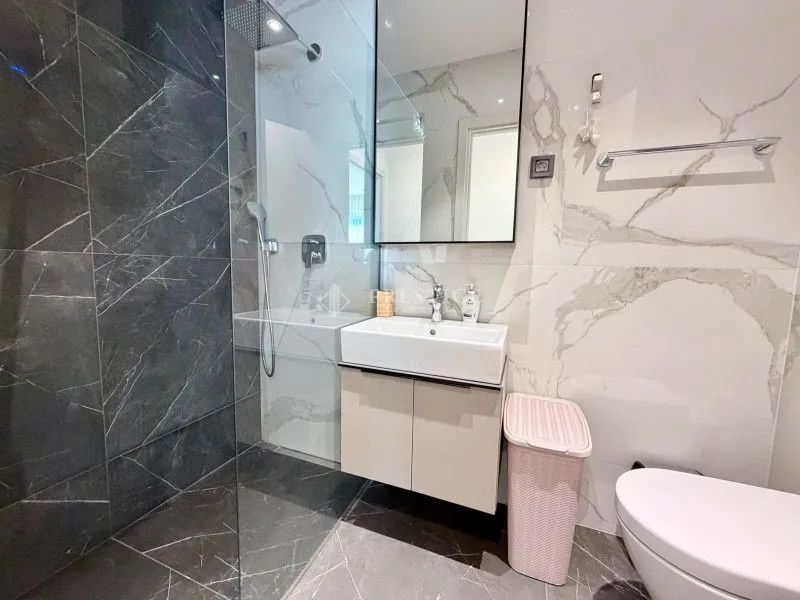 Modernly equipped bathroom with a walk-in shower and washbasin.