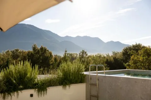 View from the terrace showing a swimming pool, greenery, and mountains in the background. - image 3