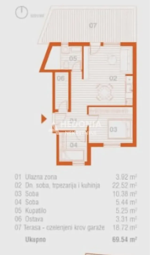 Prikaz osnove stana sa rasporedom prostorija i kvadraturom.