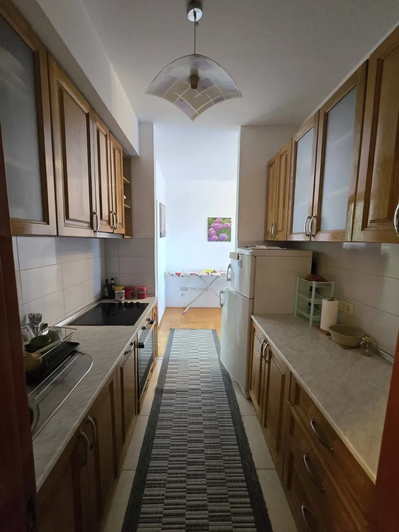 Manja kuhinja sa drvenim elementima i ugradnim kućnim aparatima.
