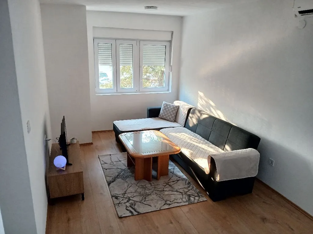 Living room with sofa, coffee table, and television.