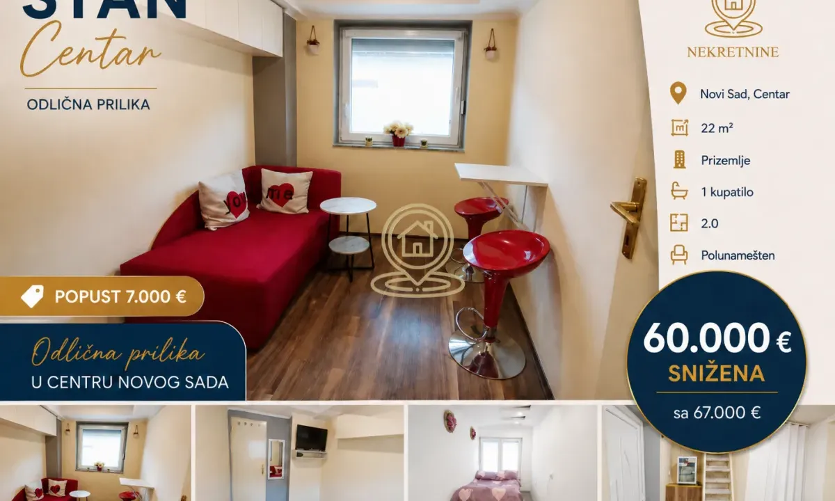 Sale, two bedroom apartment, 22m², Centar, Novi Sad