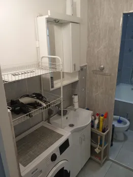 Manje kupatilo sa umivaonikom, veš mašinom i toaletom u pozadini. - image 5