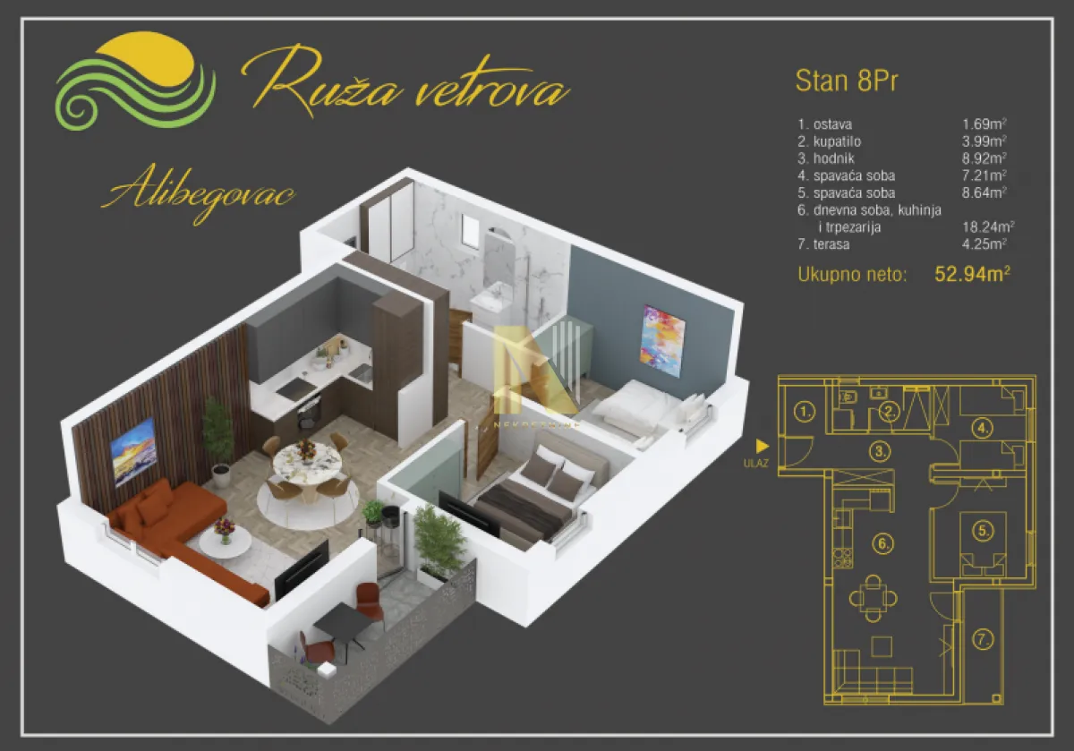 Sale, studio apartment, 53m², Alibegovac, Petrovaradin