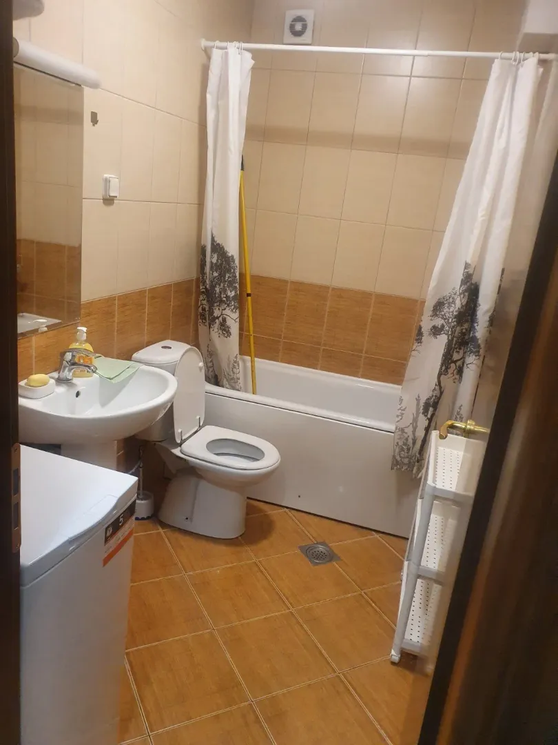 Simple bathroom with a bathtub, sink, and washing machine.