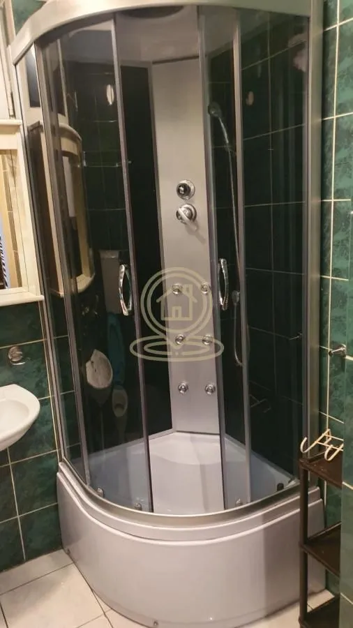 Bathroom with a shower cabin and green tiles.