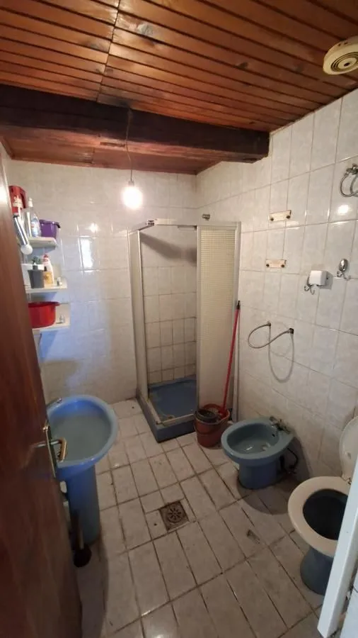 Kupatilo sa tuš kabinom, plavim sanitarijama i drvenim plafonom.