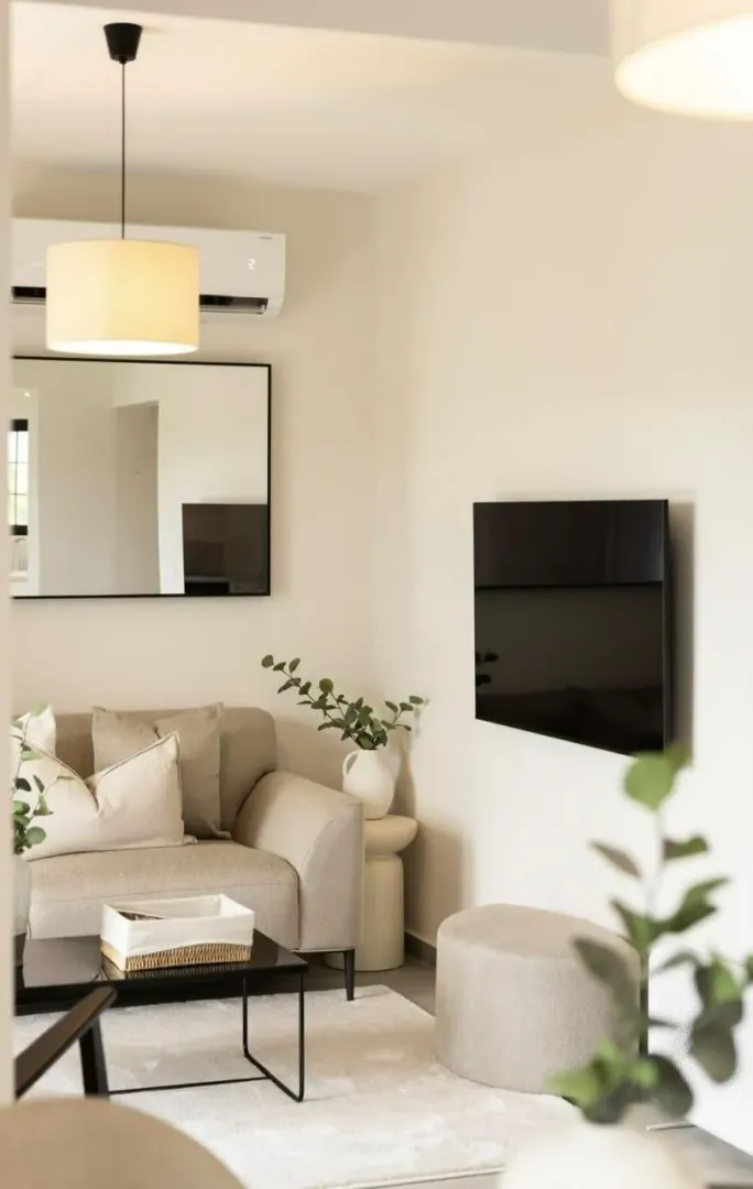Furnished living room with a sofa, TV, and modern decor.