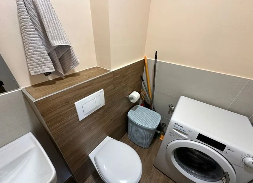 View of the bathroom with a washing machine, toilet bowl, and sink.