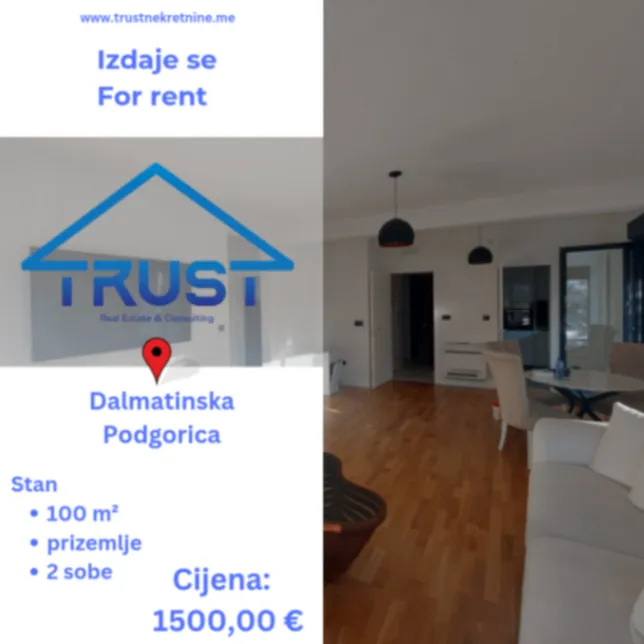 Izdavanje, dvosoban stan, 100m2, Dalmatinska ulica, Podgorica