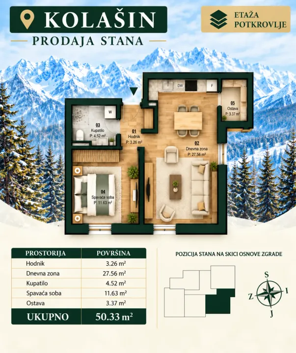 Prodaja, jednosoban stan, 51m², Smailagića Polje, Kolašin