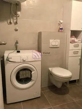 Bathroom with a washing machine, wall-hung toilet, and white cabinet. - image 13