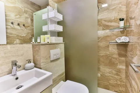 Modernly decorated bathroom with a sink, toilet, and walk-in shower. - image 9