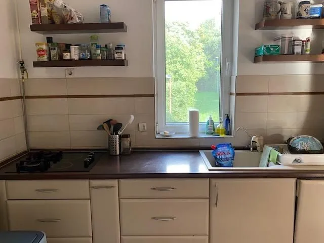 Small kitchen with a sink, stove, and wall shelves.