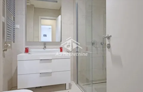 Modernly equipped bathroom with a washbasin and a shower cabin. - image 22