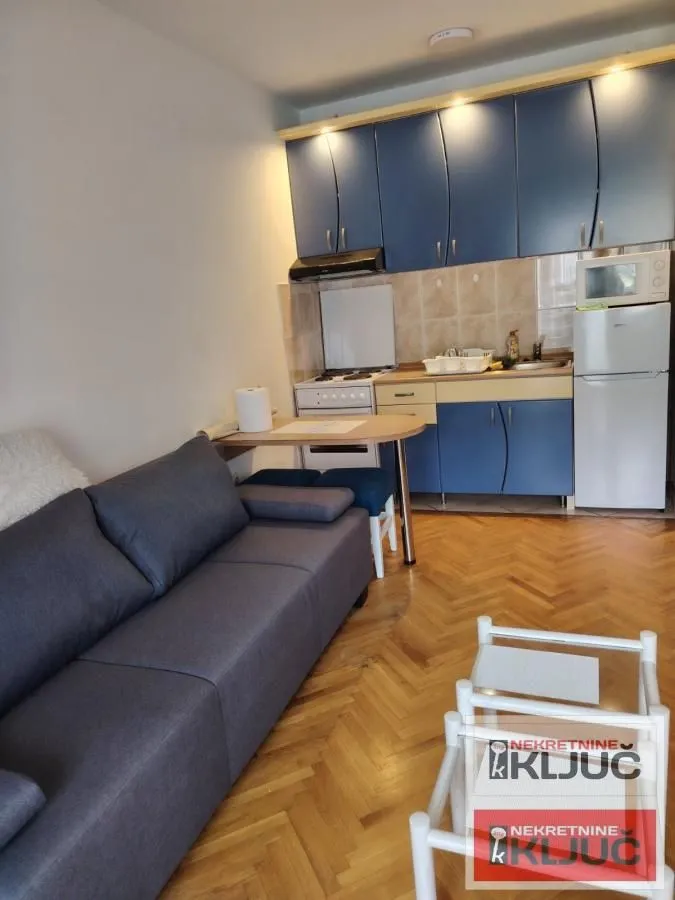 Manji dnevni boravak sa trosjedom i ugrađenom kuhinjom u pozadini.