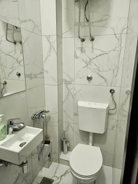 Smaller bathroom tiled with marble-pattern tiles, featuring a toilet and a washbasin. - image 5