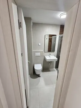 Pogled iz hodnika na moderno uređeno kupatilo sa sanitarijama i tuš kabinom. - image 15