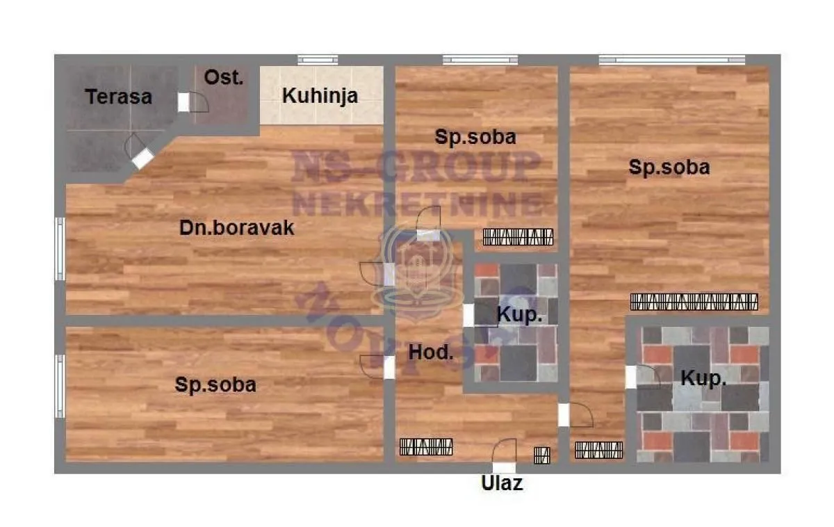 Dvodimenzionalni plan stana sa rasporedom prostorija.