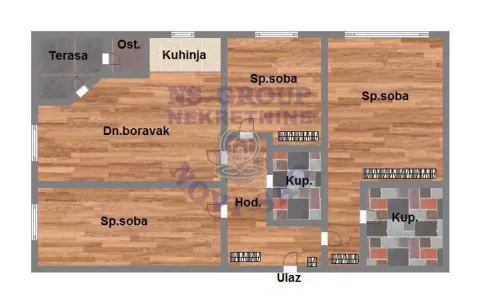 Dvodimenzionalni plan stana sa rasporedom prostorija. - image 2