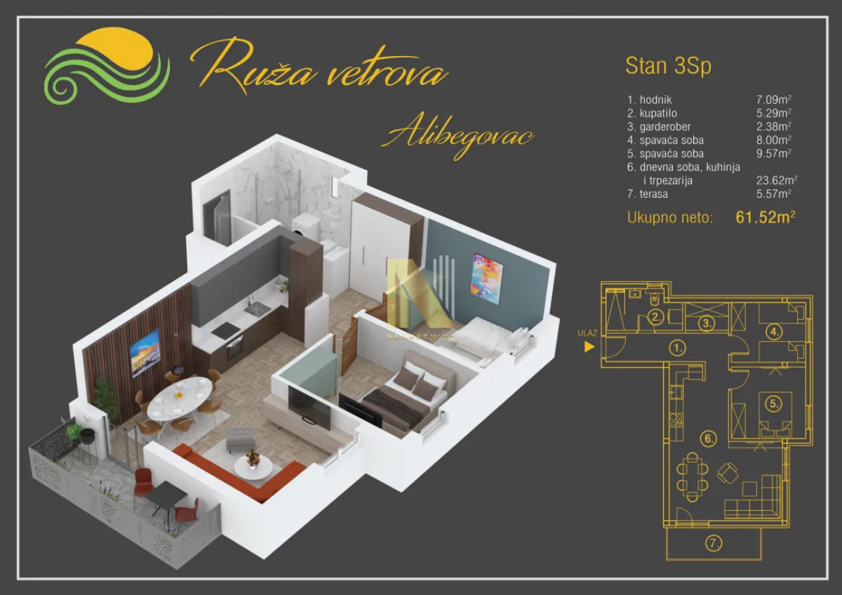 Sale, three bedroom apartment, 61m², Alibegovac, Petrovaradin