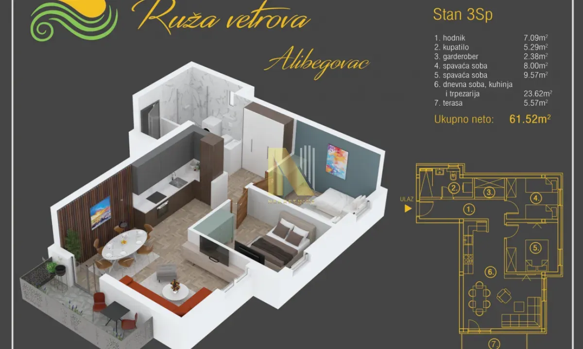 Prodaja, trosoban stan, 61m², Alibegovac, Petrovaradin