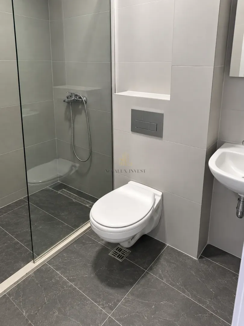 Modern bathroom with walk-in shower, washbasin, and wall-hung toilet.