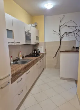 Manja kuhinja sa bijelim elementima i drvenom radnom površinom. - image 3