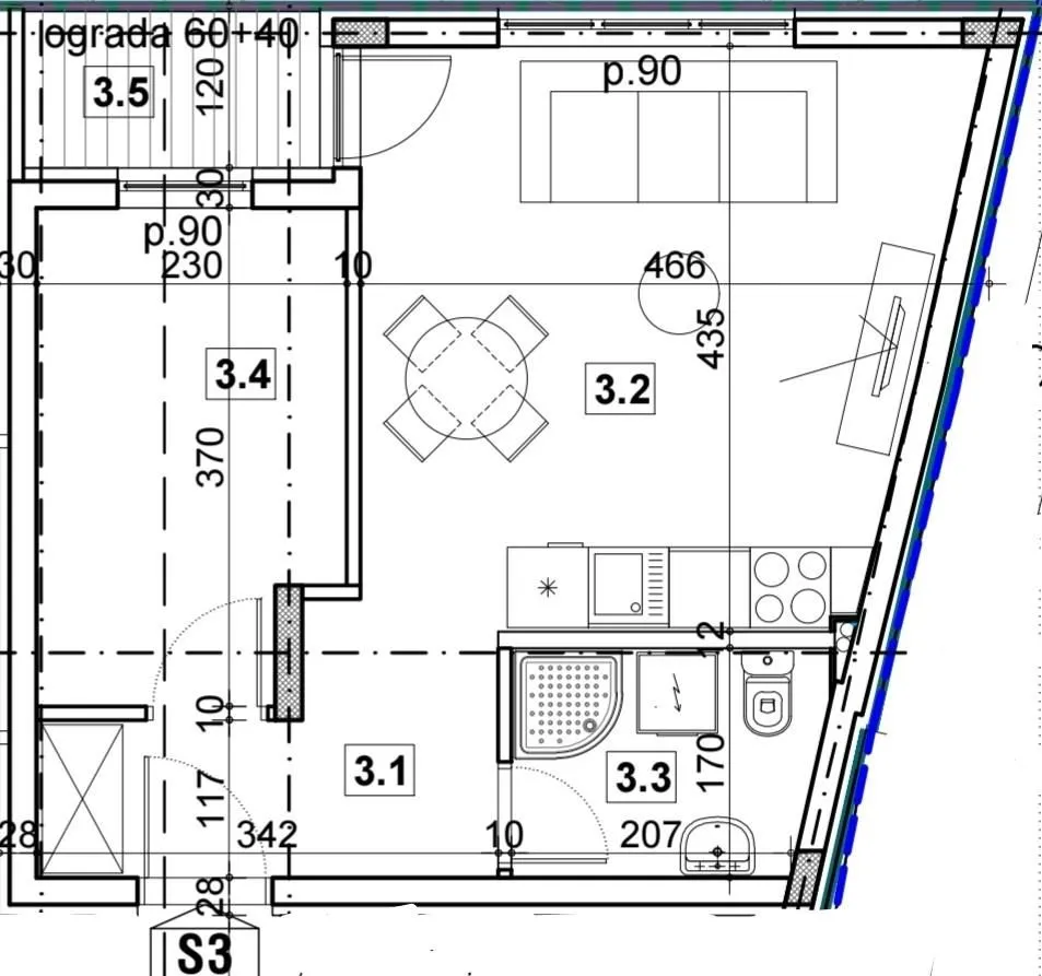 Arhitektonski plan stana sa rasporedom prostorija i dimenzijama.