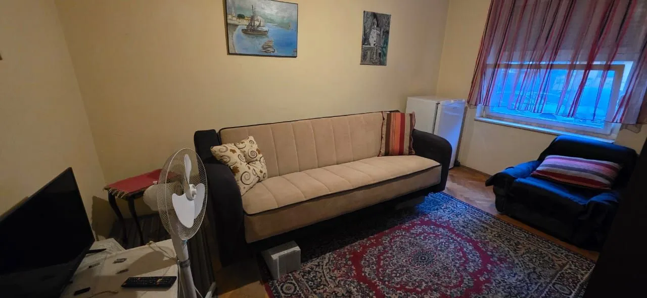 Dnevna soba sa garniturom za sedenje, televizorom i tepihom.
