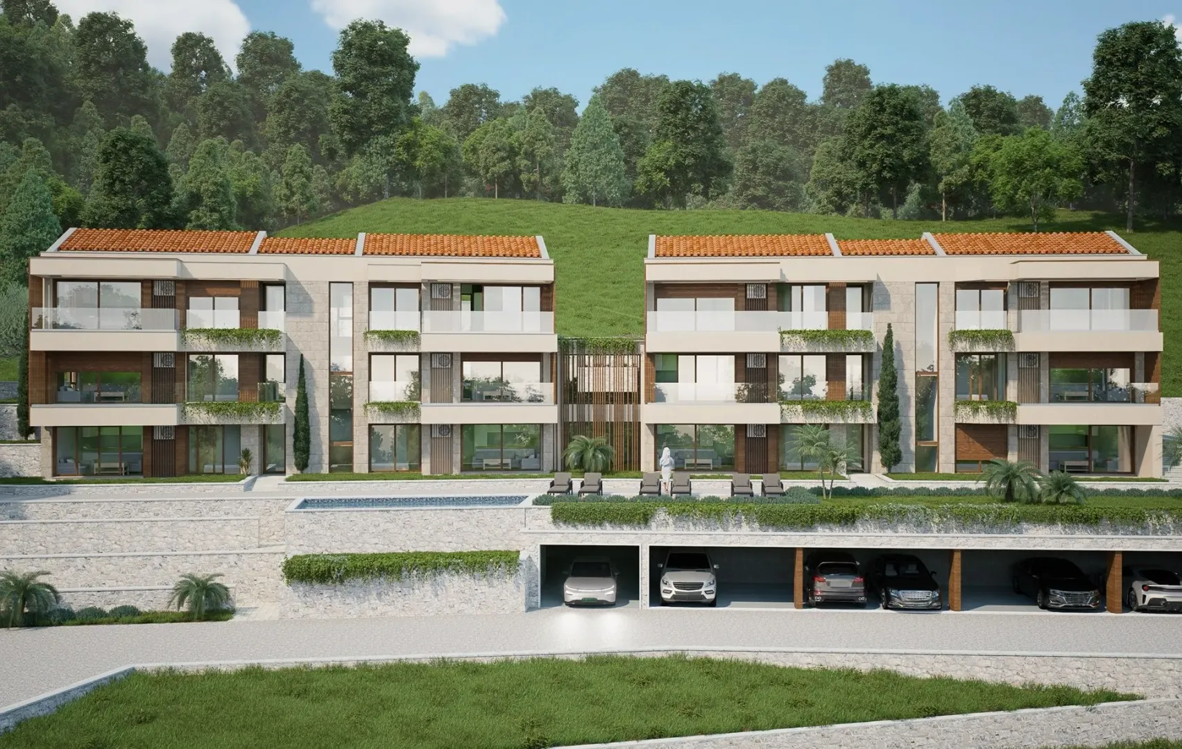 Eksterijer moderne stambene zgrade sa bazenom i garažom u prizemlju.