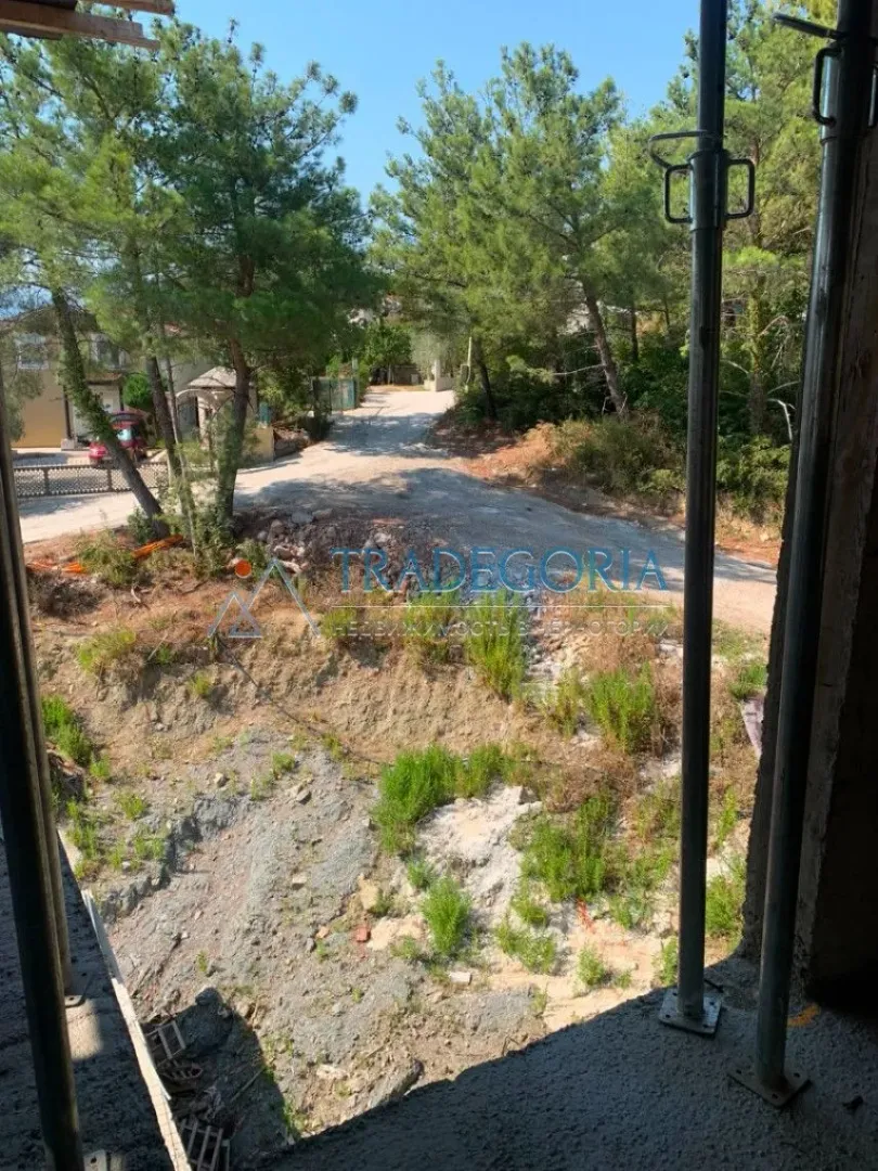 Pogled iz objekta u izgradnji na okolno zelenilo i put.