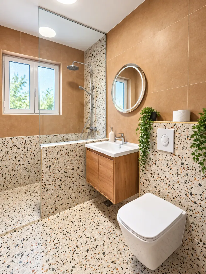 Moderne kupatilo sa tuš kabinom, umivaonikom i ugrađenom šoljom.
