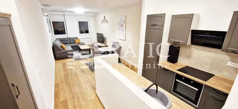 View from the kitchen towards the living room and dining area.