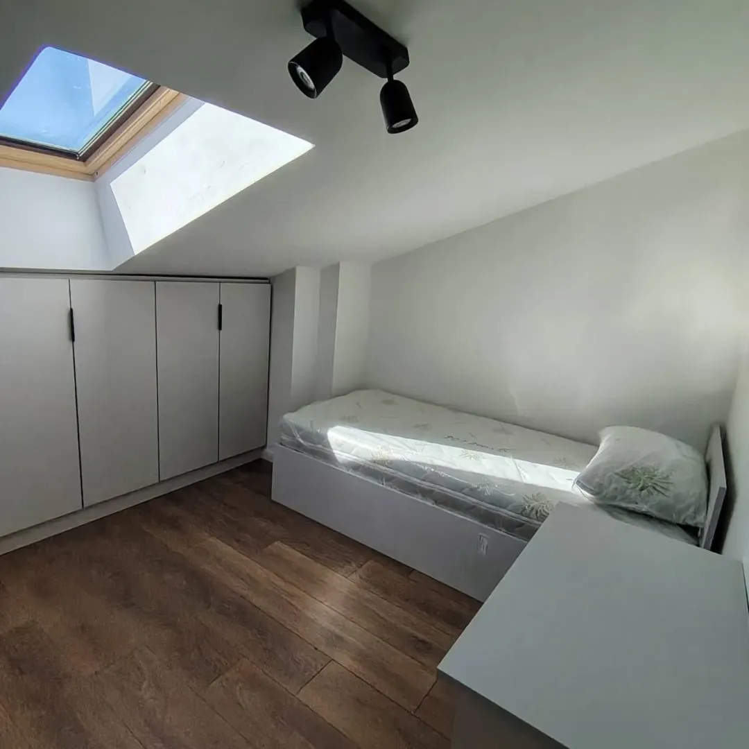 Small slanted bedroom with a single bed, wardrobe, and a skylight.
