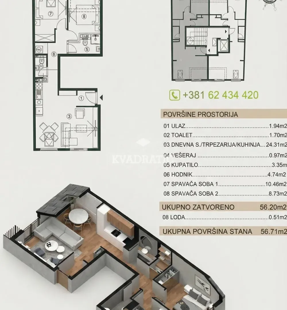 Sale, two bedroom apartment, 57m², Čukarica, Beograd