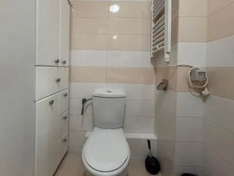 Manje kupatilo sa bijelim ormarićem, WC šoljom i radijatorom na zidu. - image 8