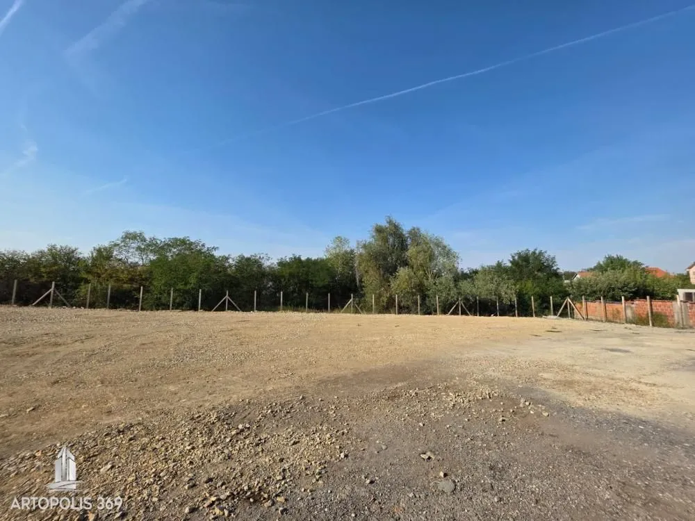 Fenced dirt plot with a view of green vegetation and the sky.