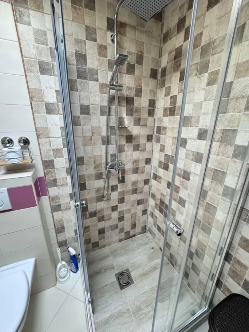 Modern bathroom with a walk-in shower and mosaic tiles.