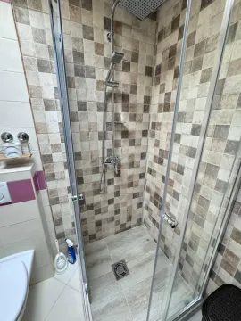 Modern bathroom with a walk-in shower and mosaic tiles. - image 5