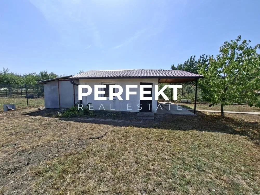 Pogled na dvorište i spoljašnjost prizemne kuće sa okućnicom.