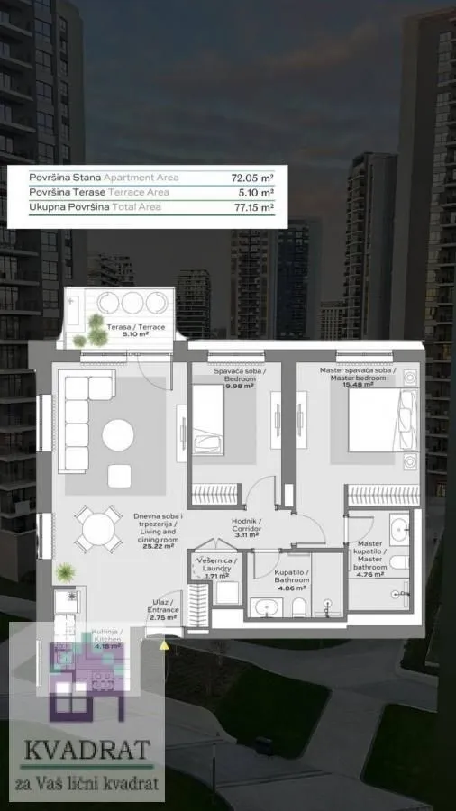 Rent, two bedroom apartment, 77m², Savski Venac, Beograd