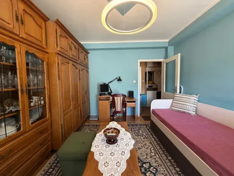 Living room with a sofa bed, large wooden wardrobes, and a desk. - image 11