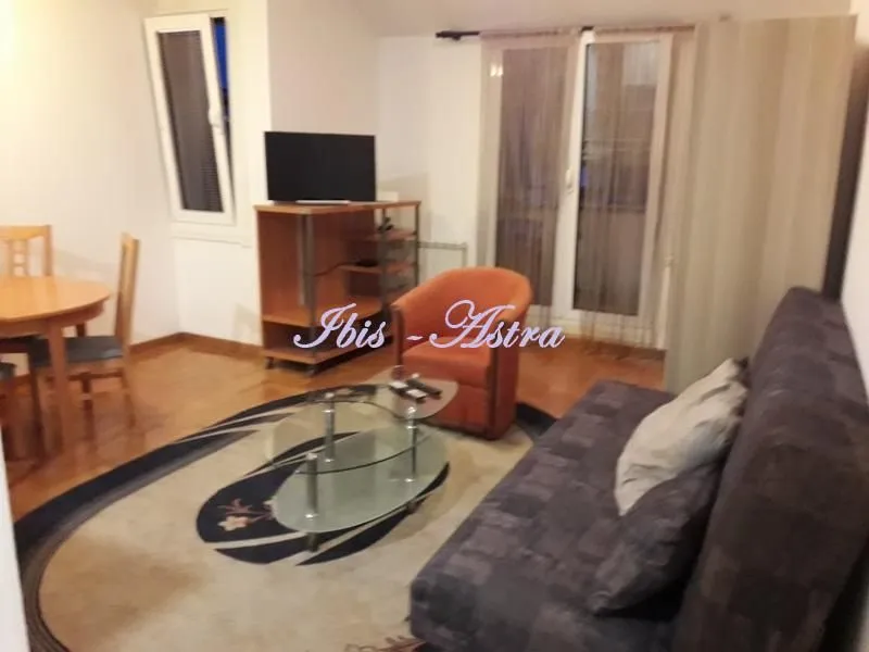 Living room with a sofa, TV, and dining table.