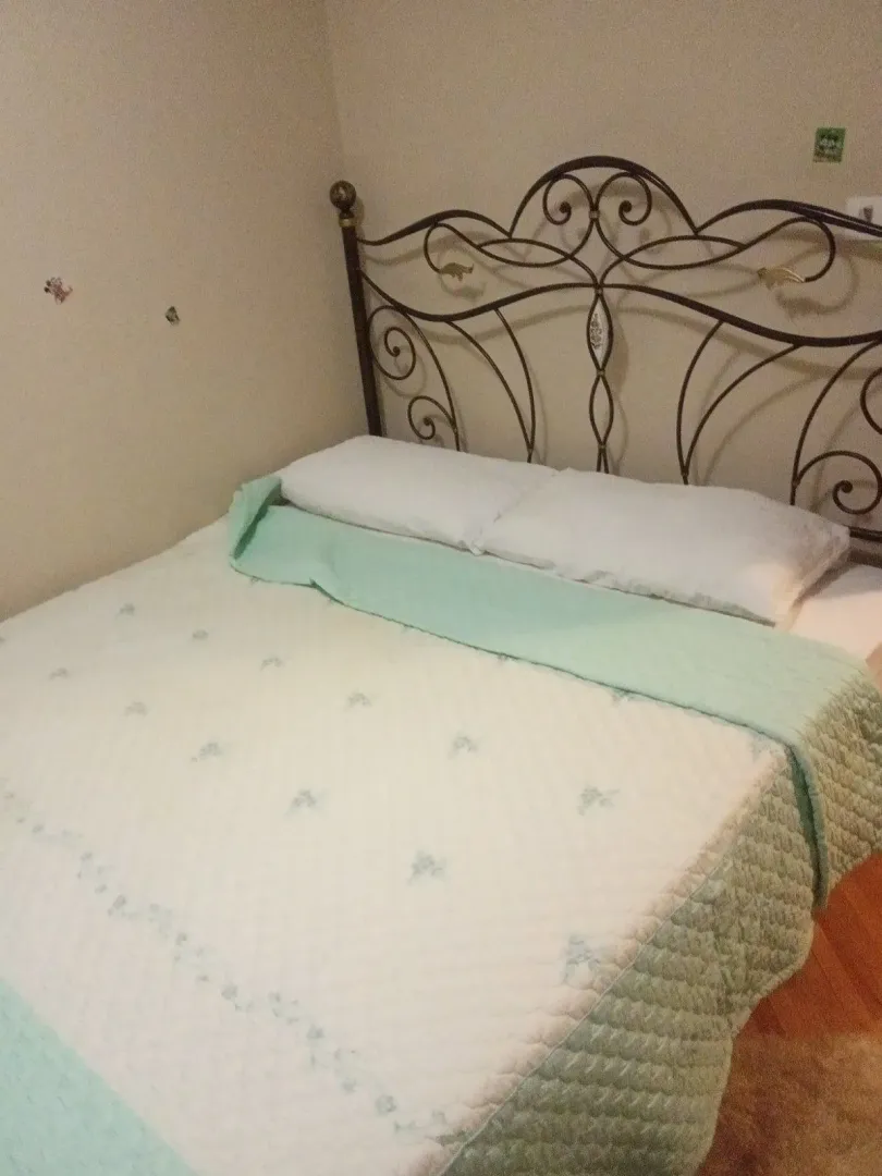 Simple bedroom featuring a double bed with a metal headboard.