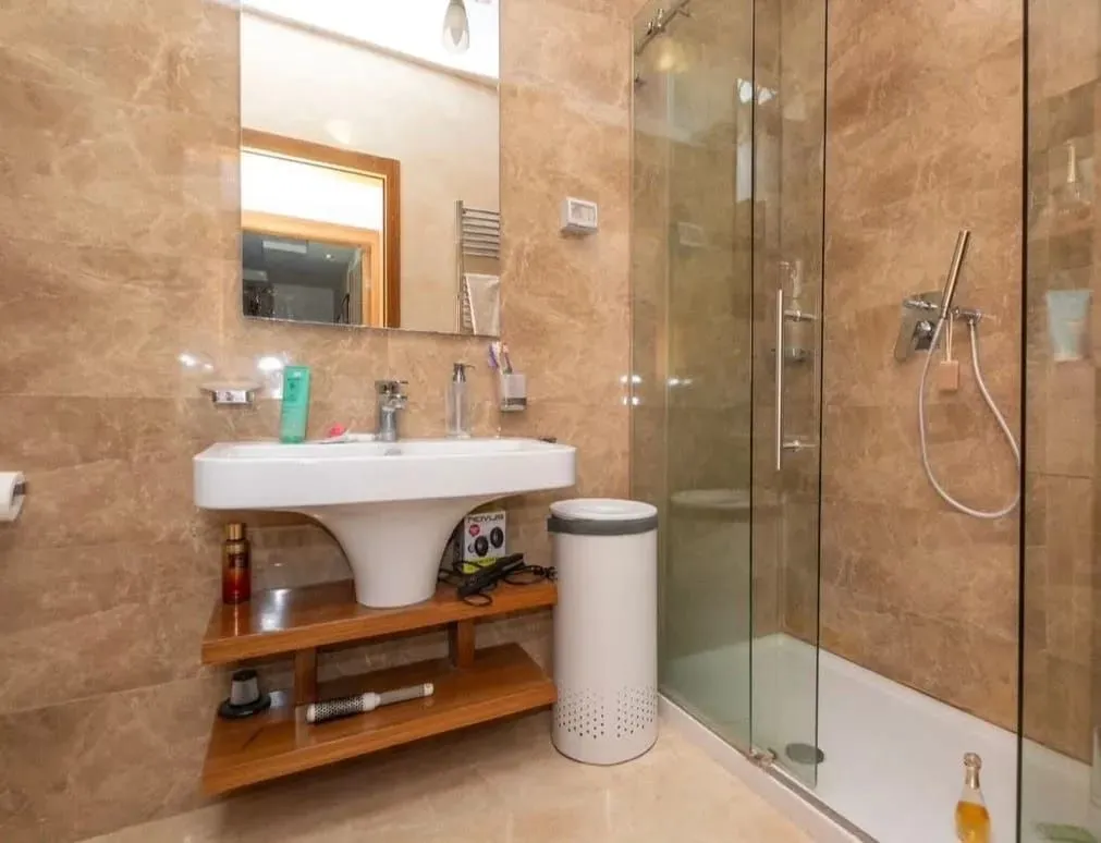 Modern bathroom with a sink, mirror, and walk-in shower.